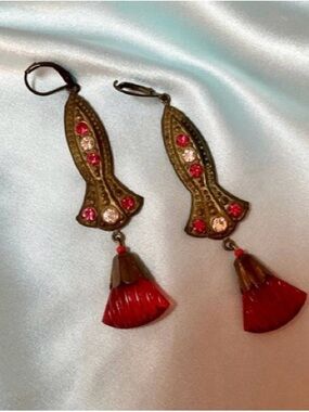 Vintage Red and Pink Crystal Tassel Drop Earrings - Vintage